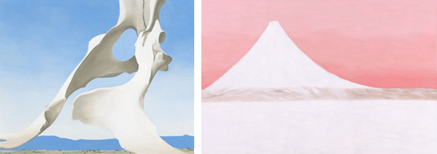 [left] Georgia O’Keeffe, Pelvis with the Distance, 1943. Indianapolis Museum of Art, Artwork: © Georgia O'Keeffe Museum / Artists Rights Society (ARS), New York [right] Georgia O’Keeffe, Untitled (Mt. Fuji), 1960. The Georgia O'Keeffe Museum, Santa Fe, Image: Georgia O'Keeffe Museum, Santa Fe / Art Resource, NY